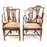 Four 18th & 19thC dining chairs, in walnut, fruitwood and mahogany, three with arms, all with drop