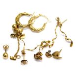 Various 9ct gold and other earrings, comprising a pair of 9ct two row spiral drop earrings, a pair