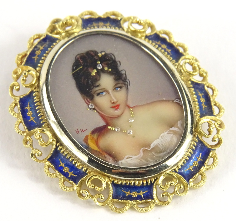 An oval painted brooch of a maiden, the maiden wearing a stone set necklace, tiara and earrings,