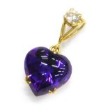 An amethyst and diamond heart shaped pendant, the heart shaped cabochon amethyst 10.5mm x 9.5mm,