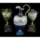 A Noritake porcelain urn, decorated with European landscape, 23cm high, and a pair of similar two