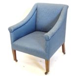 A 19thC mahogany armchair, upholstered in blue damask on square tapering legs, with castors.