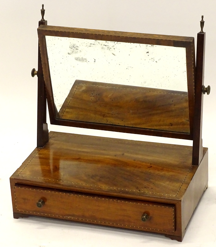 A 19thC mahogany and chequer banded dressing table mirror, the rectangular plate, the base with a