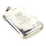 A George V silver presentation hip flask, engraved BP, "Presented by a few old pals on joining HM