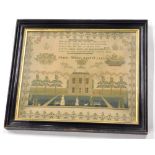 An early 18thC needlework sampler, decorated with a country house, figures, garden benches, a dog,