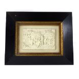 A late 19thC continental carved ivory panel, depicting figures dancing and drinking with a village