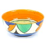 A Clarice Cliff Bizarre double V pattern bowl, decorated in green, blue, black and orange (the