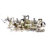 A collection of silver plate, to include part tea and coffee service, shell shaped spoon warmer,