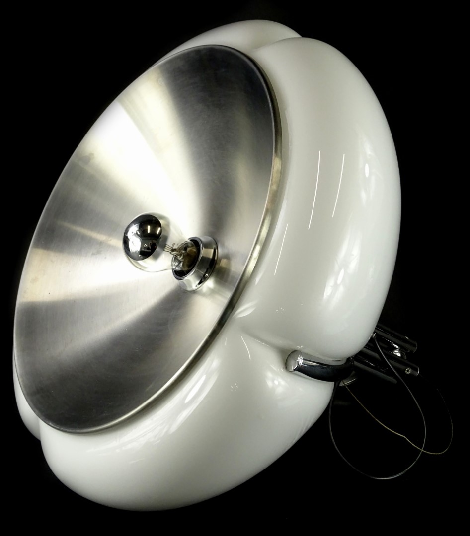 An I. Guzzini Italian opaque white plastic and brushed metal adjustable ceiling light fitting,