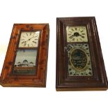Two American wall clocks, each with a painted dial and verre eglomise panel of a building. (AF)
