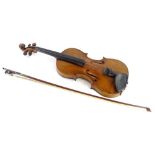 An early 20thC violin, with a one piece back, inlaid ebony roundels and stringing to border, no