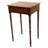 An early 19thC mahogany work table, the rectangular ebony strung top above a frieze drawer, on