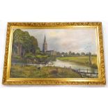 20thC School after Constable. Salisbury Cathedral from the Meadows, oil on canvas, 50cm x 83cm.