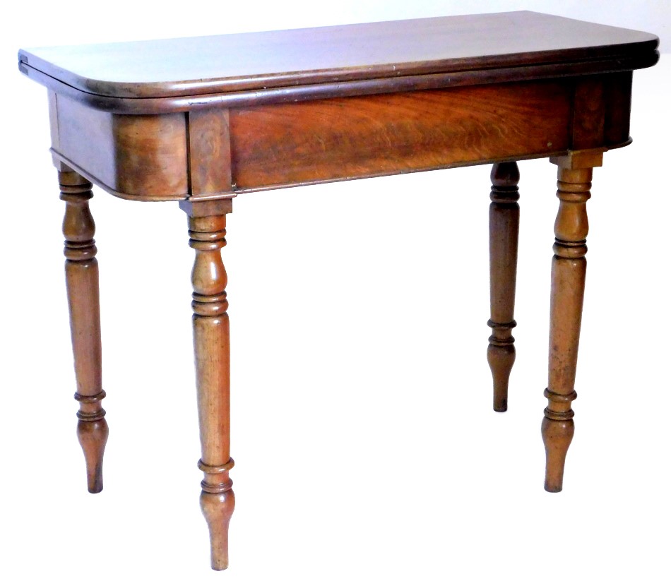 A 19thC mahogany tea table, the rectangular folding top with rounded corners, above a plain