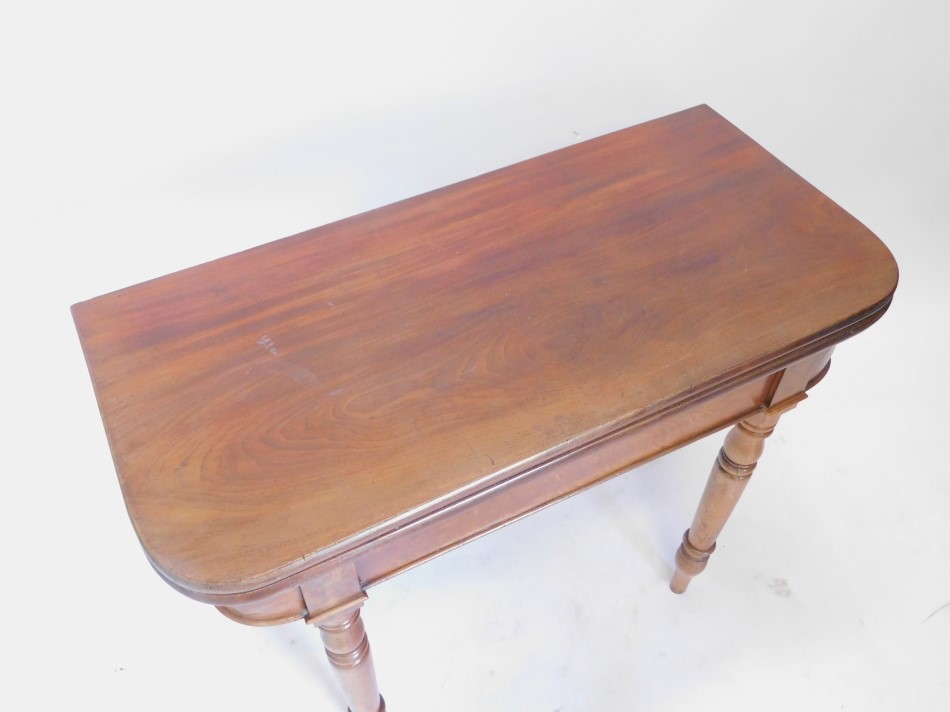 A 19thC mahogany tea table, the rectangular folding top with rounded corners, above a plain - Image 2 of 3