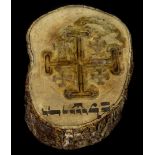 An unusual carved olive wood Jerusalem souvenir, possibly a fabric or paper stamp, 12cm x 9cm.