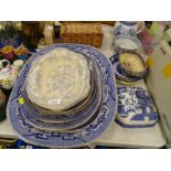 Blue and white wares, to include meat plate, jug, dishes etc. (a quantity). Provenance: The Estate