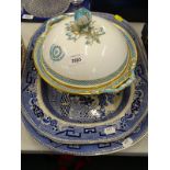 Two blue and white willow pattern meat plates, and a Minton lidded tureen (AF).