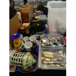 Loose flatware, a Hornsea canister, various part tea wares, cased binoculars, etc. (2 trays and