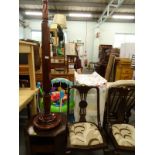 A mahogany standard lamp, an oak book table, and two Edwardian salon chairs, (4).