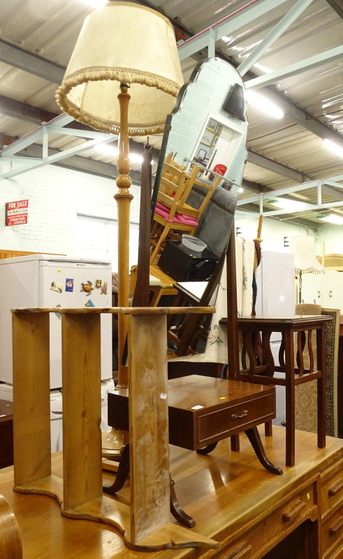 A burr wood cheval mirror, with a single drawer, a pine wall shelf, occasional table.