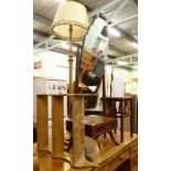 A burr wood cheval mirror, with a single drawer, a pine wall shelf, occasional table.