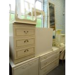 A quantity of cream bedroom furniture, painted occasional table, chair, cheval mirror, etc.
