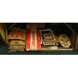 Various pictures, prints, records, Monopoly etc. (contents of under one table).