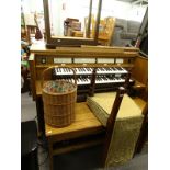 An Allen Protege electric organ, in an oak case, a long stool or bench, wicker basket, etc. The