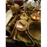 Brassware, copper ware to include kettle, fireguard, candle sticks, jam pan etc. (a quantity).