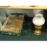Two brass oil lamp bases, various chimneys, (1 box and loose).