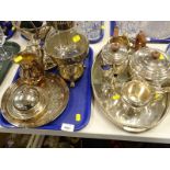 Plated wares, to include teapot, milk jug, tray, part cruet etc. (2 trays).