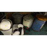 An Esso blue paraffin drum, enamel bread bin, enamel bucket, etc. (contents of under one table).