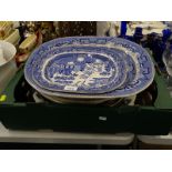 Various meat plates, to include blue and white willow pattern etc. (1 box).