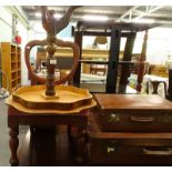 An Italian occasional table, Victorian balloon back chair, and various items of luggage.