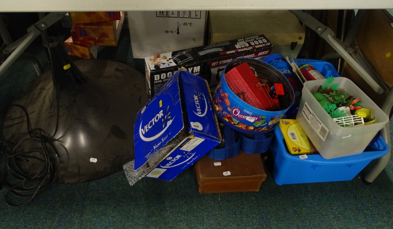 Various children's toys, books, boxed bowls, large black light fitting etc. (contents of under one