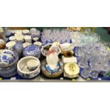 Drinking glasses, decanters, blue and white willow pattern tea and dinner wares, onyx finish