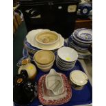 Blue and white wares, to include plates, meat plate, stoneware flagon, black metal box, children's
