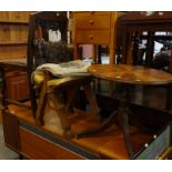 Two camel stools, a mahogany occasional table, oak chair, wrought iron standard lamp, silk picture