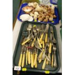 Loose flatware, magnifying glass, various seashells etc.(2 trays).