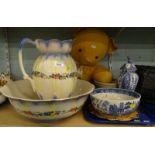 A transfer printed wash jug and bowl, Wedgewood Willow pattern bowl, large teddy bear, a Coalport