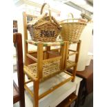 Various woven stools, a loom ottoman and two oak occasional tables, etc.