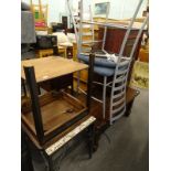 A quantity of furniture, to include a metal and tile top table, trolley, two metal kitchen tables,