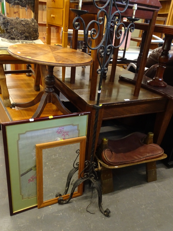 Two camel stools, a mahogany occasional table, oak chair, wrought iron standard lamp, silk picture - Image 2 of 2