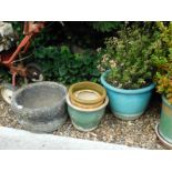 Various earthenware planters, to include a turquoise tapering circular example with shrub.