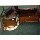 A wicker picnic hamper, oak book trough, Union Jack flag, wall mirror, etc. (a quantity).