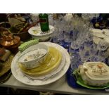 Various drinking glasses, oriental style teapot, maling lustre dish, Portmeirion dish etc. (2