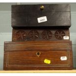 A 19thC rosewood inlaid work box, various other treen boxes, etc., (a quantity).