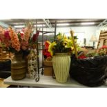 A collection of artificial flowers, vases, stands, to include an iron pan stand, etc.