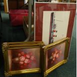 Three gilt framed oil on canvases depicting flowers, and a marine print.
